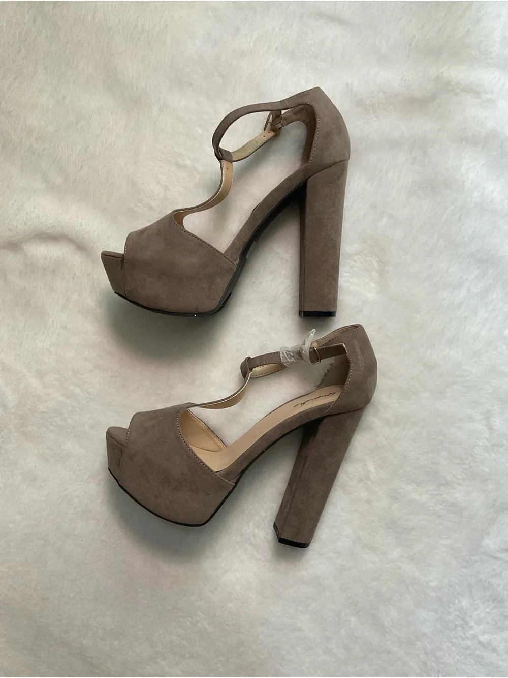 Qupid Taupe Suede Platform T-Strap Block Heels